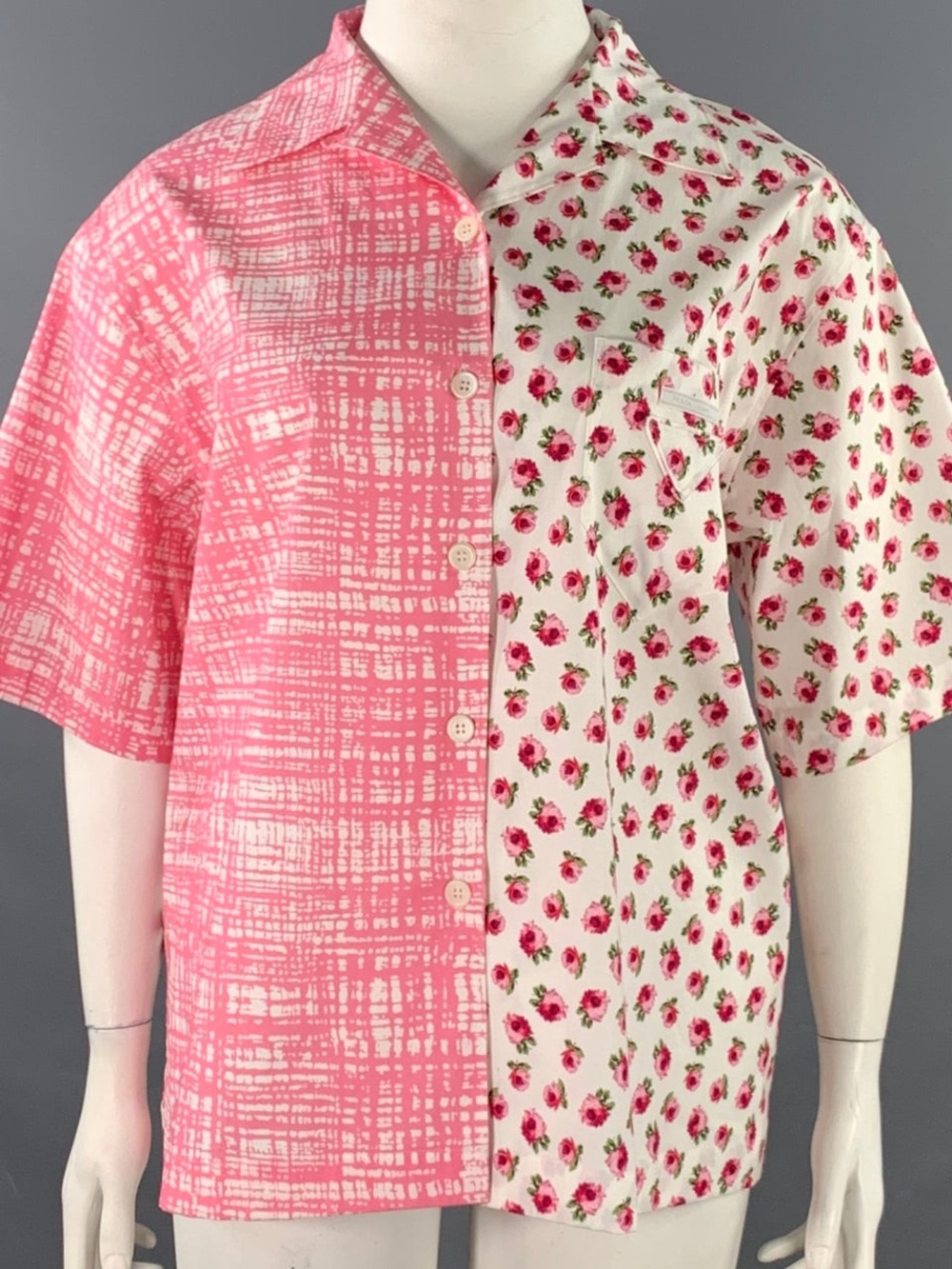 PRADA Size 42 Pink White Mixed Fabrics Floral Crosshatch One Pocket Camp Shirt